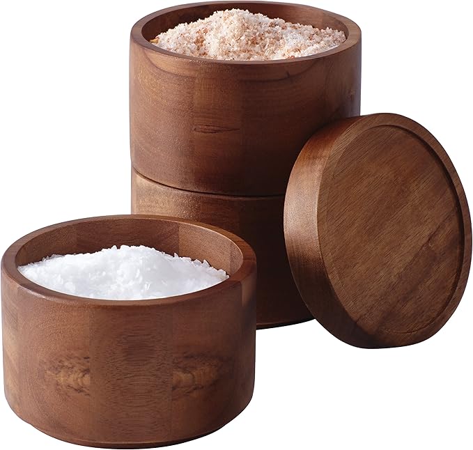 Rachael Ray Pantryware Wood Salt Cellar Stacking Set / Wood Salt Box Stacking Set3 piece, Brown