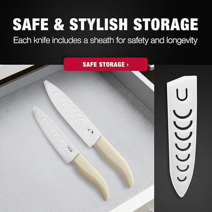 Vos ceramic knives set for kitchen in gift box, set of 2 ceramic knife with cover, 5.5" santoku & 4.5" utility for home cooks, Ultra Sharp, lightweight, rust-free, dishwasher safe (Off-white handle)