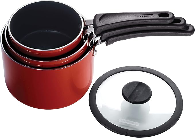 Tramontina Aluminum Non Stick 6-Piece Nesting Sauce Pan Set with Lids - Red, Kitchen Nonstick Cookware Set, Dishwasher and Oven Safe