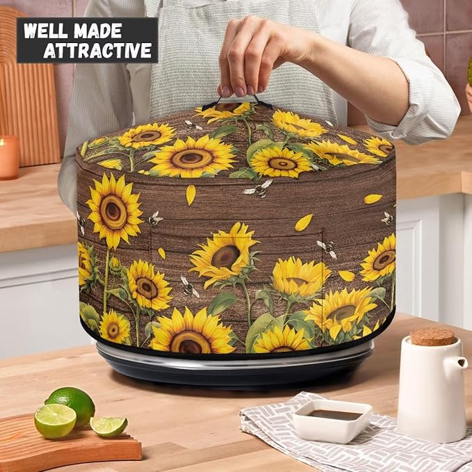 Sunflowers Bees Slow Cooker Cover for Pot Dust Cover Fits for Most 6-8 Quart Oval Slow Cooker Dustproof Small Appliance Accessories Wood - textured Background