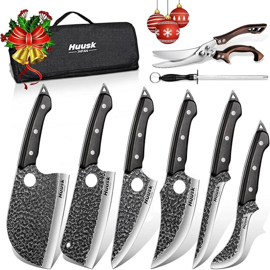 Huusk Serbian Chef Knife Set - 6Pcs Hand Forged Butcher Knife Set for Meat Cutting, Viking Boning Knives with Bag for Kitchen Outdoor BBQ Camping, Birthday Gift Idea Men