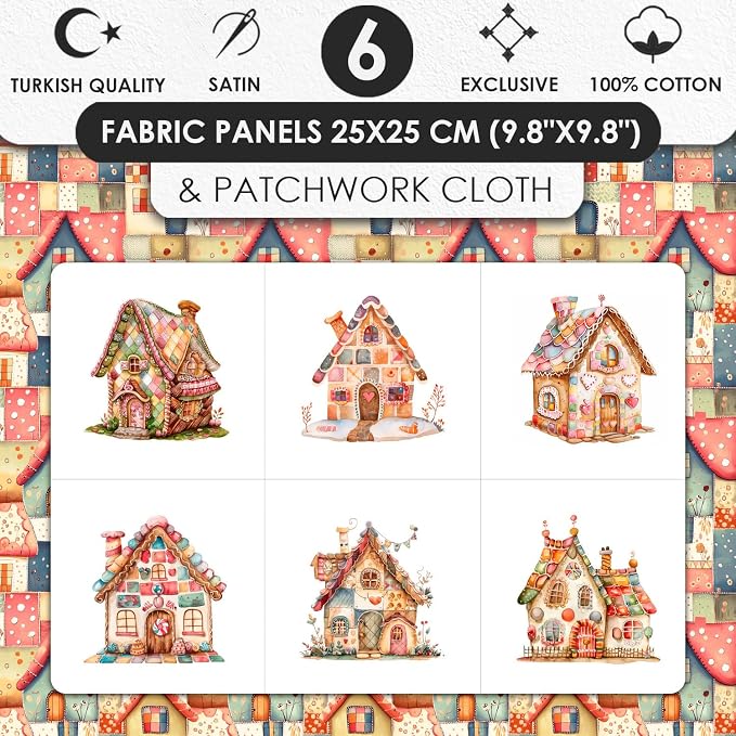 Patchwork Fairy Cottage Cotton Fabric Panel – 6 Designs (10×10 inch Each) + Bonus Sheet 29.5×19.6 inch, 100% Cotton 140 GSM, Made in Türkiye