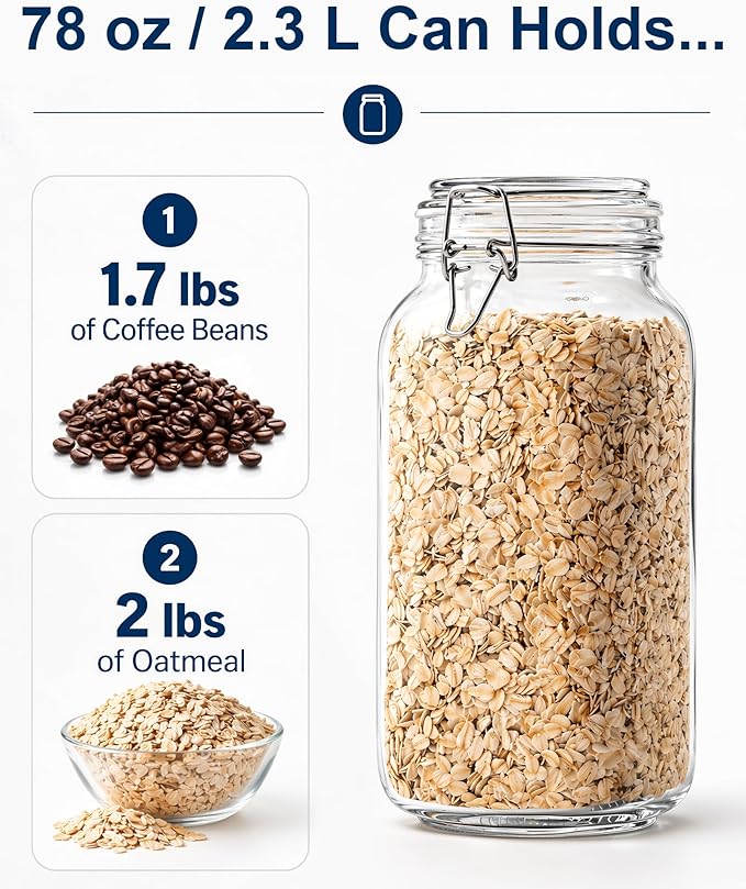 OneDream 78oz Glass Jars with Airtight Lid, 3 Pack Large Glass Storage Jars, Square Canisters for Pantry, Wide Mouth Glass Food Storage Containers for Flour, Sugar, Cereal, Pasta