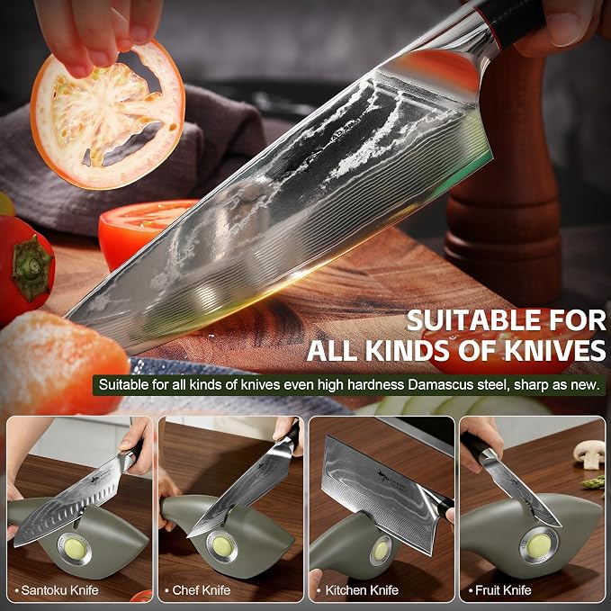 MAD SHARK 1-Button 3-Stage Knife Sharpener - Adjustable Diamond & Ceramic, No-Scratch ABS Body for Kitchen/Pocket Knives,Repairs, Sharpens & Polishes,One-Handed Operation with Non-Slip Base (Green）