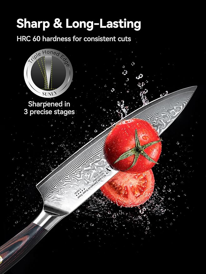 SUNLY Chef Knife, 8 Inch Damascus Kitchen Knife with Japanese VG10 Core, 67 Layer Steel, Sharp Chip Resistant Edge, Balanced Pakkawood Handle for Meat, Fruits, Vegetables, Gift for Father