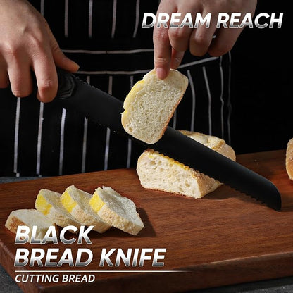 Dream Reach Serrated Bread Knife - Hand Forged Full Tang Black Sourdough Knife for Slicing Baguette, Sandwich, Bagels, Cake and Fruits