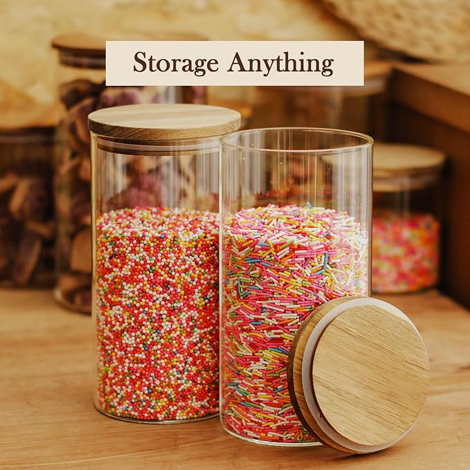 Labina Glass Storage Container Airtight Food Jars Kitchen Canister with Wood Lids, 40 Oz Wide Mouth Pantry Organization Glass Jar for Flour, Sugar, Cookie, Spagetti, Candy and Nuts