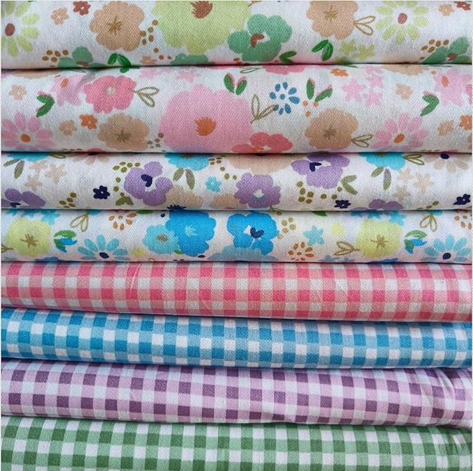 8PCS 18" x 22" Quilting Fat Quarters Fabric Bundles, for Sewing Crafting,Print Floral Striped Polka Dot 100% Cotton Gingham Fabric (Big Flowers Square, 18" x 22")