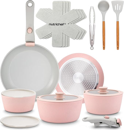 NutriChef 18-Piece Ceramic Cookware Set with Detachable Handles, Non Stick Pots and Pans, PTFE-Free Natural Ceramic Coating, Space-Saving Design, Oven & Stove Safe, Includes Utensils, Pink
