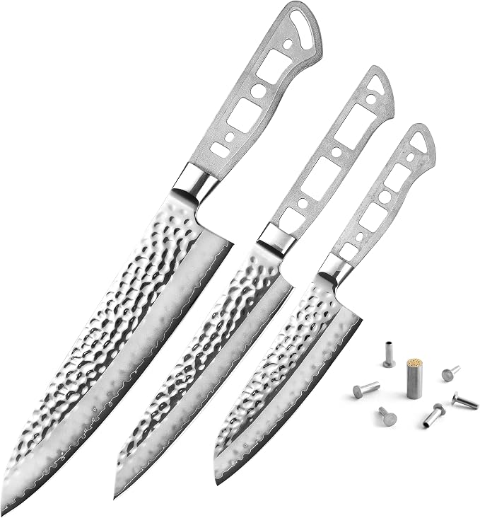 KATSURA Woodworking Project Kit – Japanese Premium AUS 10, Hammered 3-Layer Forged Steel – Classic Style Handle – NO LOGO (8-in with 50mm wide blade Gyuto Chef Knife Blank)