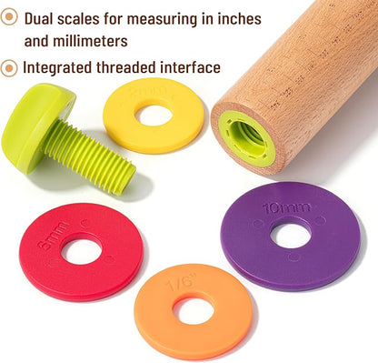 BAMBOO LAND- Adjustable Rolling Pin with Thickness Rings for Baking, 13.8", 4 Colorful Thickness Rings (2-10 mm or 1/16"-3/8"), Wood Rolling Pins for Baking, Bread, Pizza Doughs