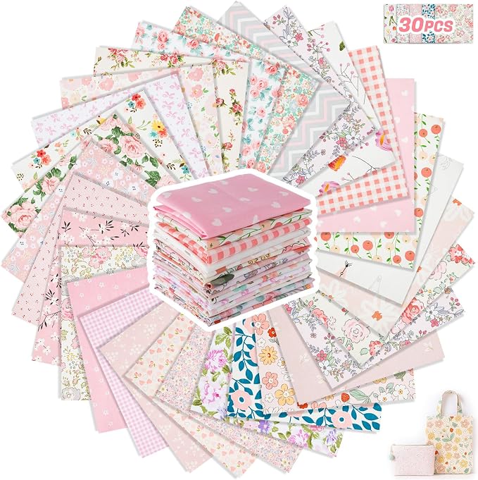 Tatuo 30 Pcs 10 x 10 Inches Pink Floral Cotton Fabric Bundle Squares Patchwork Floral Fabric Sewing Quilting Bundles Assorted Pattern Cloth for DIY Scrapbook Craft Making