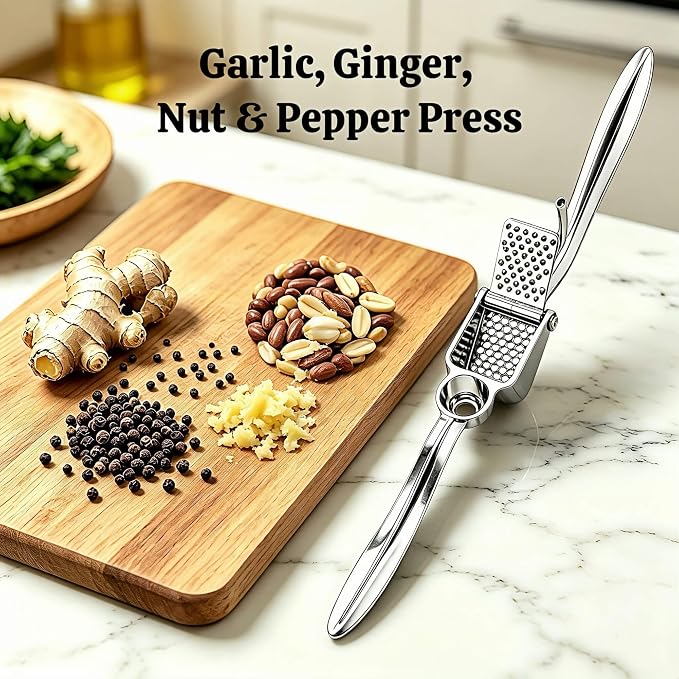 Garlic Press, Zinc Alloy Garlic Ginger Crusher & Mincer Tool Heavy Duty Garlic Mincer & Grinder with Large Chamber Multiple Studs Dishwasher Safe Ergonomic Handle Easy Squeeze Kitchen Essential