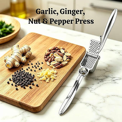 Garlic Press, Zinc Alloy Garlic Ginger Crusher & Mincer Tool Heavy Duty Garlic Mincer & Grinder with Large Chamber Multiple Studs Dishwasher Safe Ergonomic Handle Easy Squeeze Kitchen Essential
