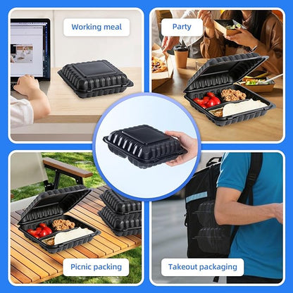 YANGRUI 65-Pack 30oz Black Takeout Containers - Shrink Wrapped No Pre-Wash | 3-Compartment Heavy Duty Mineral Filled PP, Microwave & Freezer Safe | Leak-Resistant Clamshell for Leftovers & Meal Prep
