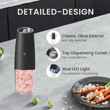 Rechargeable Salt And Pepper Grinder with LED Light, Automatic Electric Gravity Salt And Pepper Shakers, No Battery Needed, Adjustable Roughness, 1 Pack (Black)