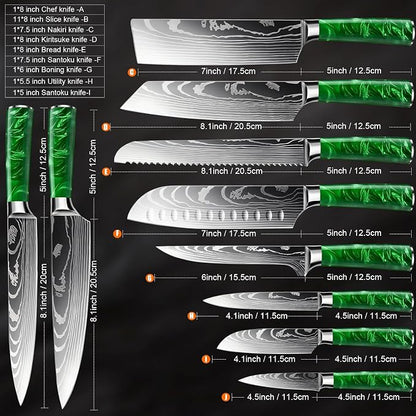 10-Piece Premium Japanese Kitchen Knife Set - Star Collection, Laser Damascus Pattern, 440A Stainless Steel Ultra Sharp for Fast Cutting (Green)
