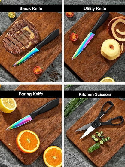 Aiheal Knife Set, 16 Pieces High Carbon Stainless Steel Rainbow Color Kitchen Knife Set, Titanium Coating Blade, No Rust and Super Sharp Cutlerywith Acrylic Stand and Kitchen Scissors, Gift