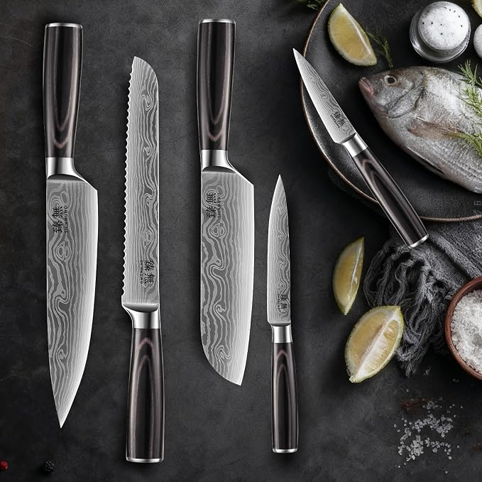 5-Piece Kitchen Knife Set, High Carbon Stainless Steel Blades with Wave Pattern, Ergonomic Pakkawood Handle - Includes 8" Chef, 8" Bread, 7" Santoku, 5" Utility & 3.5" Paring Knives
