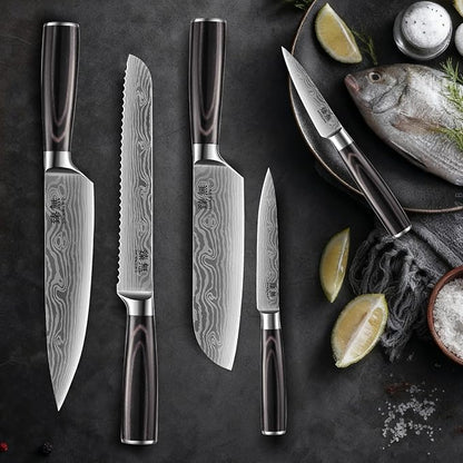 5-Piece Kitchen Knife Set, High Carbon Stainless Steel Blades with Wave Pattern, Ergonomic Pakkawood Handle - Includes 8" Chef, 8" Bread, 7" Santoku, 5" Utility & 3.5" Paring Knives