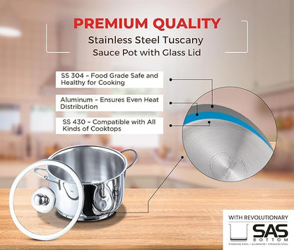 Vinod Stainless Steel Induction Friendly Tuscany Set 5 Pieces - Saucepan (14 cm/1.3 Litre), 3 Cassseroles (14 cm,16 cm & 18 cm/1.3,2 & 2.8 Litre), Frypan (18 cm) & 3 Glass Lids