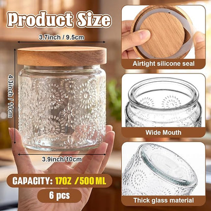 Suclain 6 Pcs 17 OZ Vintage Glass Jar with Acacia Wood Lids Airtight Glass Storage Canisters Kitchen Spice Jars Food Storage Containers for Pantry Coffee Grains Tea Sugar Flour(Fireworks)