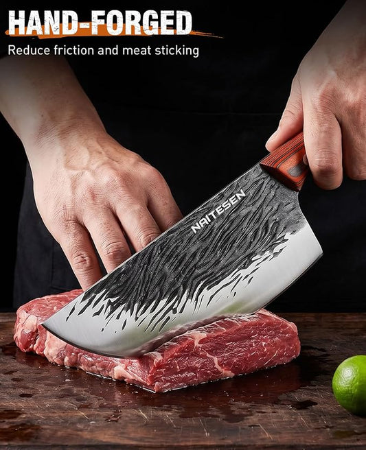 Naitesen 3PCS Hand Forged Butcher Knife Set - Very Sharp Serbian Chef Knife, Cleaver and Boning Knife for Meat Cutting Kitchen, Camping & BBQ - Full Tang Wood Handle with Gift Box
