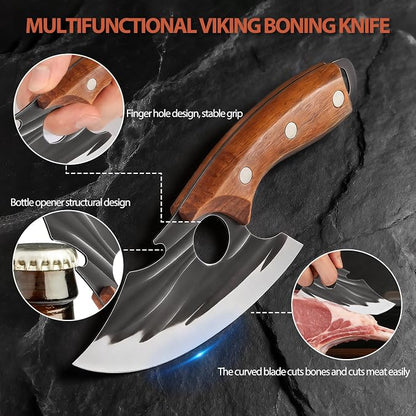 2 Pcs Meat Cleaver Knife Set, Effort Saving Meat Cleaver for Cutting Meat Vegetable, Sharp Carbon Steel Cooking Viking Knife with Leather Sheath for Kitchen, Camping, Outdoor Cooking, BBQ Gift