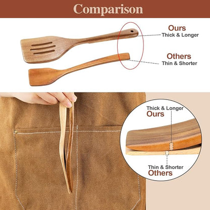 Wooden Cooking Utensils, 6 Pieces Natural Acacia Wooden Spoons For Cooking with Non Stick & Heat Resistant Design, Wooden Kitchen Utensil Set with Hanging Hole for Stirring, Mixing, Cooking