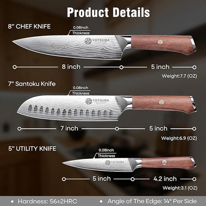 YOTSUBA 3 PCS Japanese Kitchen Knife Set, Razor Sharp High Carbon Stainless Steel Chef Knives with Ergonomic Natural Rosewood Handle, Premium Gift Box for Home & Restaurant Use
