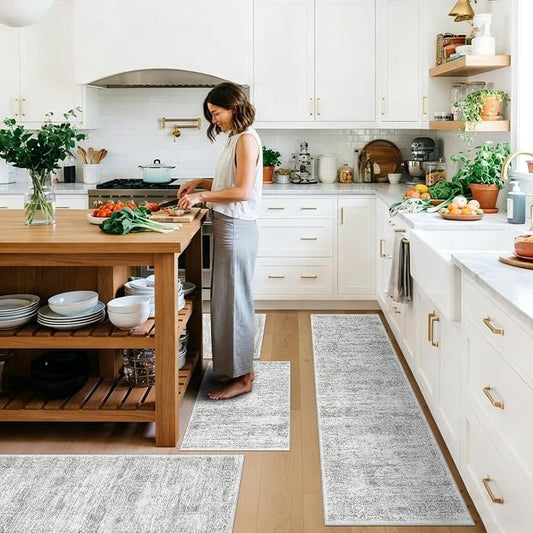 Washable Kitchen Rugs Sets of 4, Non Slip Standing Mat Rug, Stain Resistant Waterproof Kitchen Mats for Floor Kitchen Sink Laundry Entryway (Grey Ivory, 2x3+2x4+2x5+2x6)