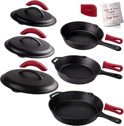 Cuisinel Cast Iron Skillets Set with Lids - 8"+10"+12"-inch Pre-Seasoned Covered Frying Pan Set + Silicone Handle and Lid Holders + Scraper/Cleaner - Indoor/Outdoor, Oven, Stovetop, Fire Safe Cookware