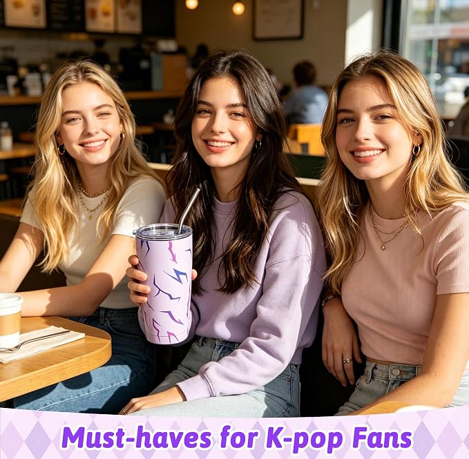 Glowvibe Kpop Cup - Purple Lightning Stainless Steel Reusable Tumbler,20 Oz Insulated Travel Coffee Mug with Lid and Straw for Iced Coffee Smoothie, Korean Pop Gifts for Women Girls Birthday Concert