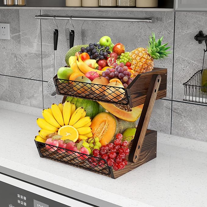 Dorhors Fruit Basket for Kitchen,Fruit Bowl,Kitchen Counter Organizer,Wooden Vegetable Holder for Countertop,Bread Storage Basket Stand(2 Tier)
