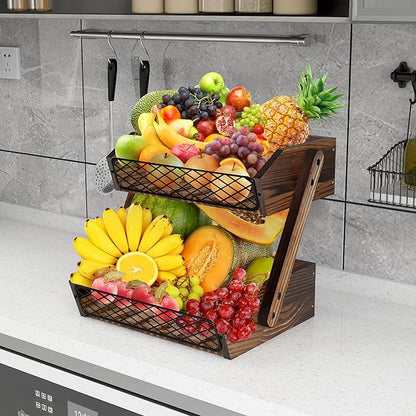 Dorhors Fruit Basket for Kitchen,Fruit Bowl,Kitchen Counter Organizer,Wooden Vegetable Holder for Countertop,Bread Storage Basket Stand(2 Tier)