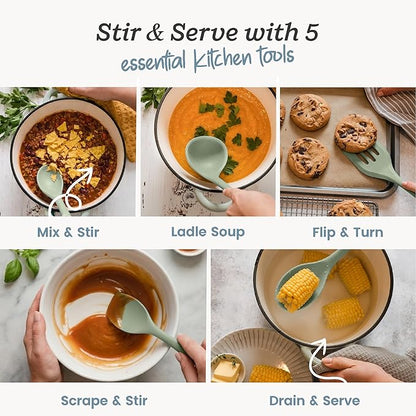 Starpack Stir and Serve Silicone Cooking Utensils Set (5-Piece, 11") - LFGB Non Toxic, 600°F Heat Resistant, BPA-Free - One-Piece Seamless, Dishwasher Safe - for Nonstick Cookware, Sage Green