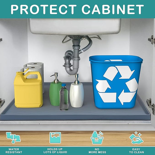 URMONA Waterproof Silicone Under Sink Mat 28'' x 22'' Shelf Liner for Kitchen and Bathroom, Cabinet and Counter Protector, Storage and Organizers, Litter Mat, Pet Cat Puppy Essentials(Black)