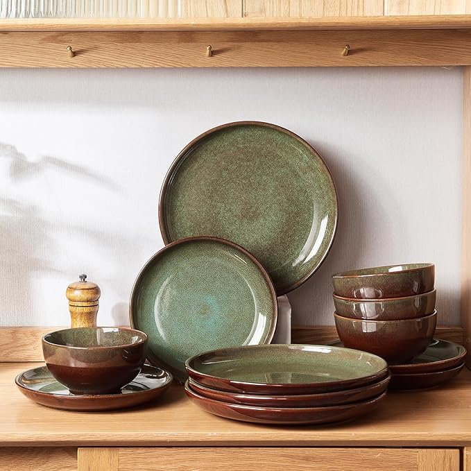 Pokini 24 Piece Dinnerware Sets for 8, Modern Stoneware Plates and Bowls Setst, Perfect for Family Gatherings & Holiday Celebrations, Easy Cleaning Dishes Set, Stack Compactly Dishware, Brown Green