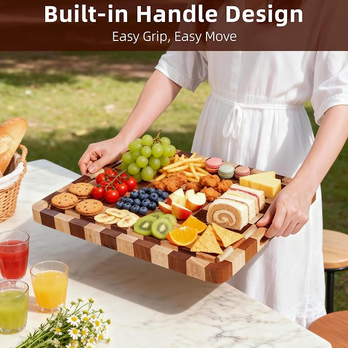 Checkered Cutting Board, Wooden Checkerboard Cutting Board for Kitchen 16 x 12 x 1", Rubber Wood Butcher Block Chopping Board with Juice Grooves & Handles for Meat, Vegetables & Cheese