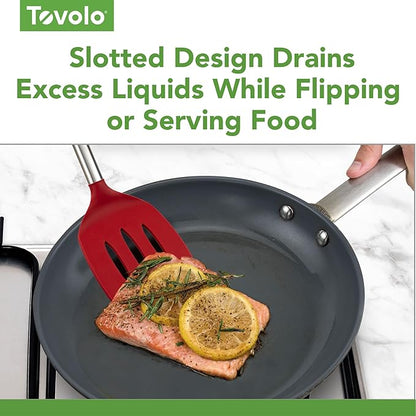 Tovolo Slotted Silicone Spatula Turner Slotted Stainless Steel Handle 10" Cayenne Red Heat Resistant Non Toxic BPA Free Kitchen Utensil, Silicone Egg Pancake Flipper Metal Handle Turner for Cooking