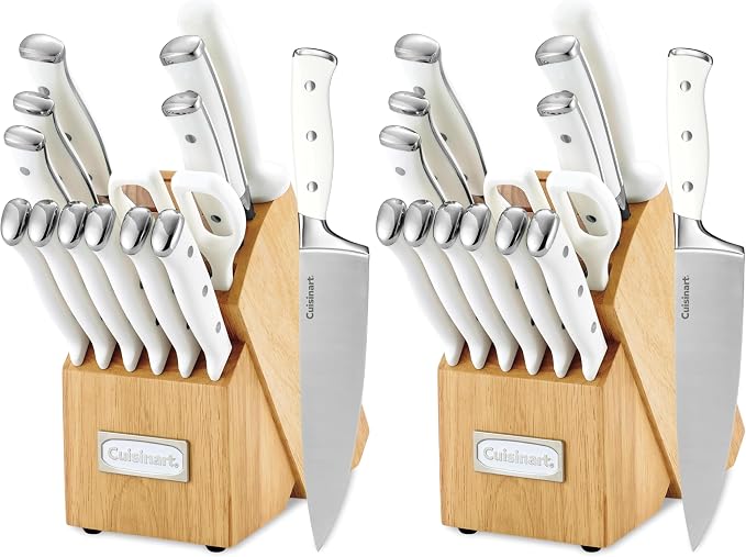 Cuisinart 15-Piece Knife Set with Block, High Carbon Stainless Steel, Forged Triple Rivet, White, C77WTR-15P (Pack of 2)