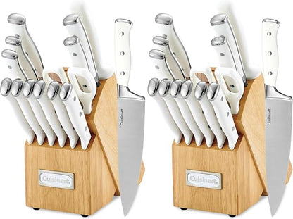 Cuisinart 15-Piece Knife Set with Block, High Carbon Stainless Steel, Forged Triple Rivet, White, C77WTR-15P (Pack of 2)