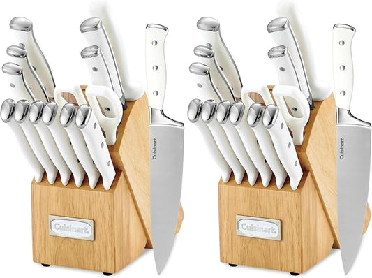 Cuisinart 15-Piece Knife Set with Block, High Carbon Stainless Steel, Forged Triple Rivet, White, C77WTR-15P (Pack of 2)