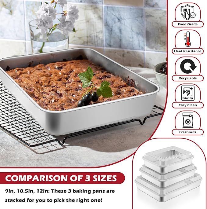 Leonyo Baking Pan with Lid Set of 2, 12⅓ x 9¾ x 2 Inch Stainless Steel Cake Pan for Baking, Refrige & Oven Safe Rectangular Deep Lasagna Pan Tray for Focaccia, Bread, Brownies, Casseroles