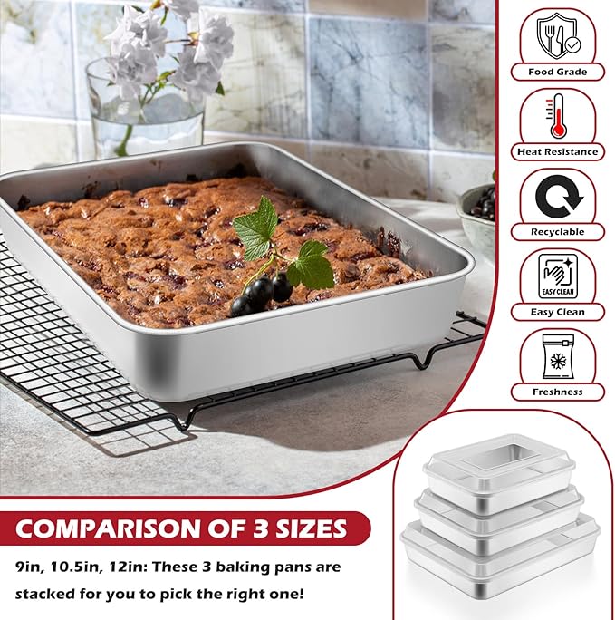 Leonyo 12⅓ x 9¾ x 2 Inch Baking Pan with Lid, Stainless Steel Cake Pan for Baking, Refrige & Oven Safe Rectangular Deep Lasagna Pan Tray for Focaccia, Bread, Brownies, Casseroles
