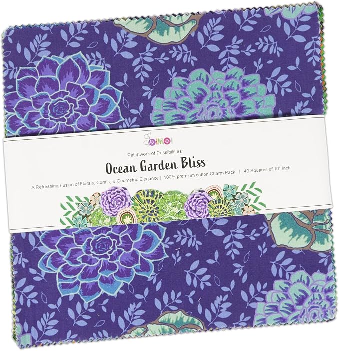 Soimoi 40 Pcs 10 x 10 inches Quilting Fabric Bundles Precut, DIY Cotton Fabric Squares, Printed Layer Cakes Patchwork Materials for Crafts Cloths Decor,Charm Squares for Quilts- Ocean Garden Bliss