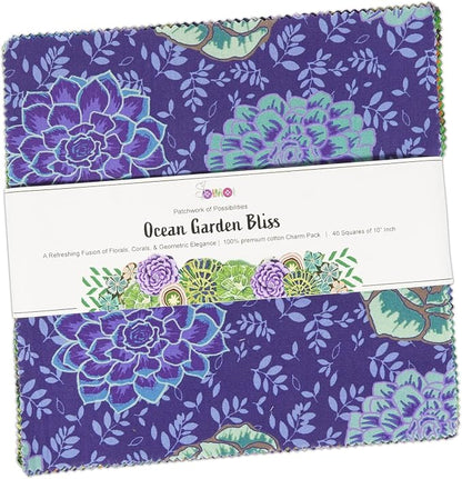 Soimoi 40 Pcs 10 x 10 inches Quilting Fabric Bundles Precut, DIY Cotton Fabric Squares, Printed Layer Cakes Patchwork Materials for Crafts Cloths Decor,Charm Squares for Quilts- Ocean Garden Bliss