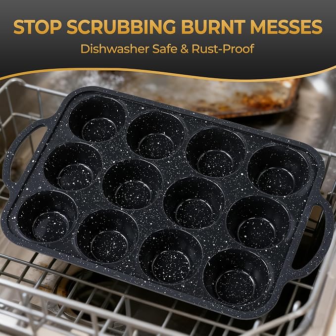 12-Cup Silicone Muffin Pans for Baking, Black with White Dots, Non-Stick with Reinforced Steel Frame for Stability, BPA-Free Bakeware