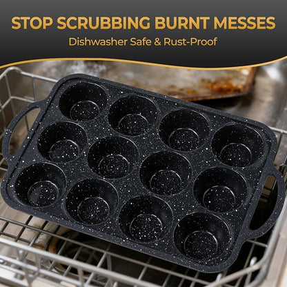 12-Cup Silicone Muffin Pans for Baking, Black with White Dots, Non-Stick with Reinforced Steel Frame for Stability, BPA-Free Bakeware