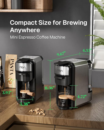 HBN 3-in-1 for Nespresso Capsule & K-Cup Pods & Ground Coffee Multi Coffee Maker Single Serve, 19Bar Programmable One-Touch Brewing Espresso Machine, 20oz Removable Water Tank, 1450W Fast Heat